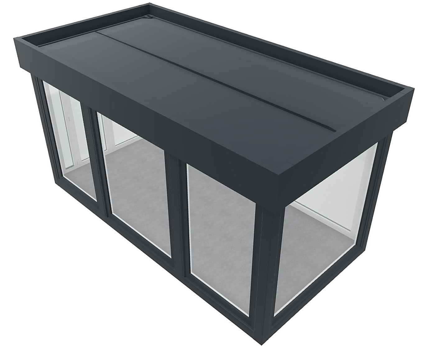 Showroom Container 6,00 x 3,00 m mit Rundum-Verglasung und Attika