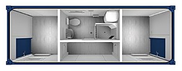 Sanitärcontainer 20′ Schwarz-Weiß-Ausführung mit Dusche & WC 6.055 × 2.435 mm