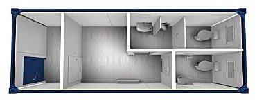 Sanitärcontainer 20′ mit 2× WC und Vorraum 6.055 × 2.435 mm